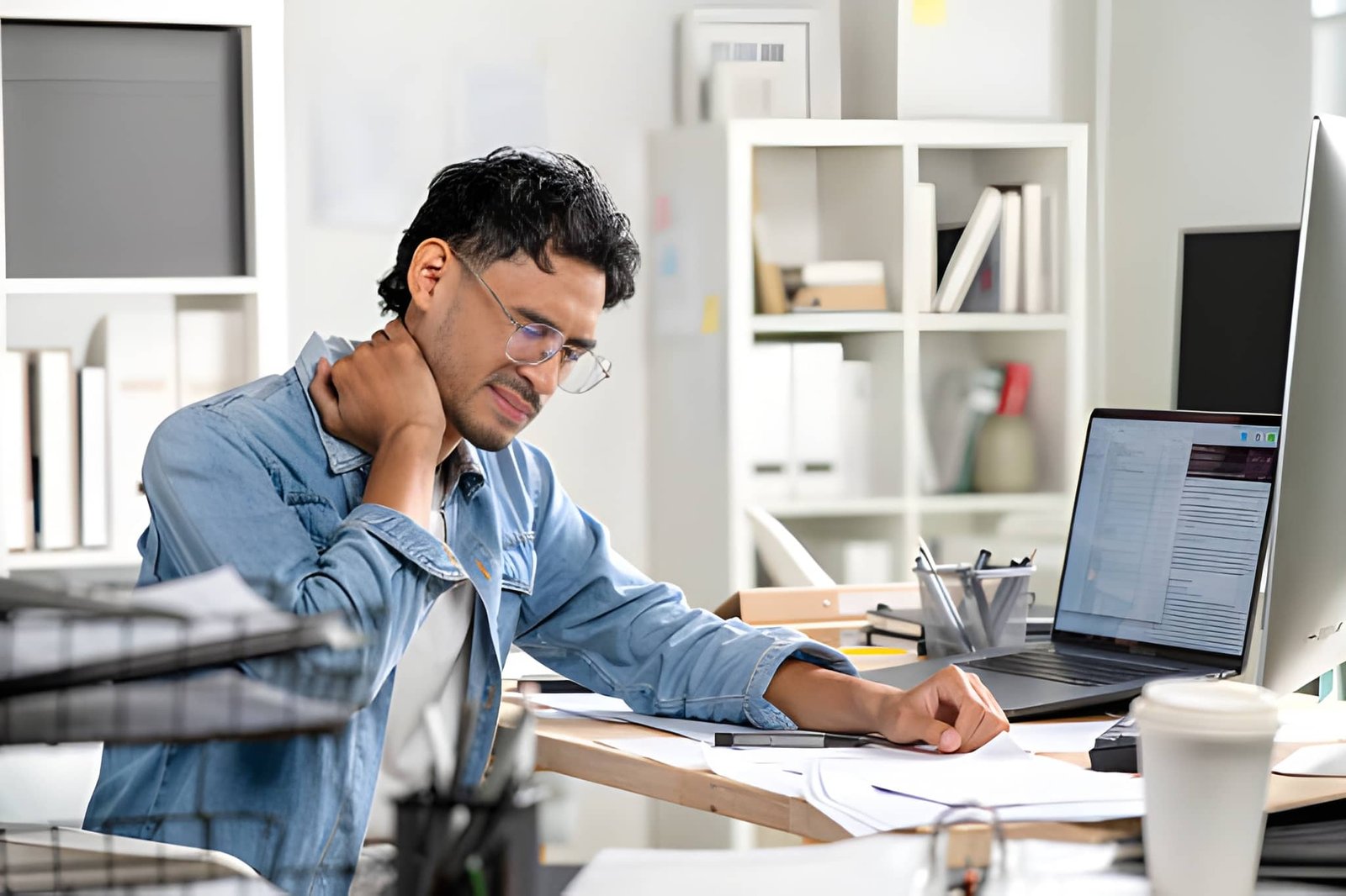 Businessman with neck ache and shoulder pain